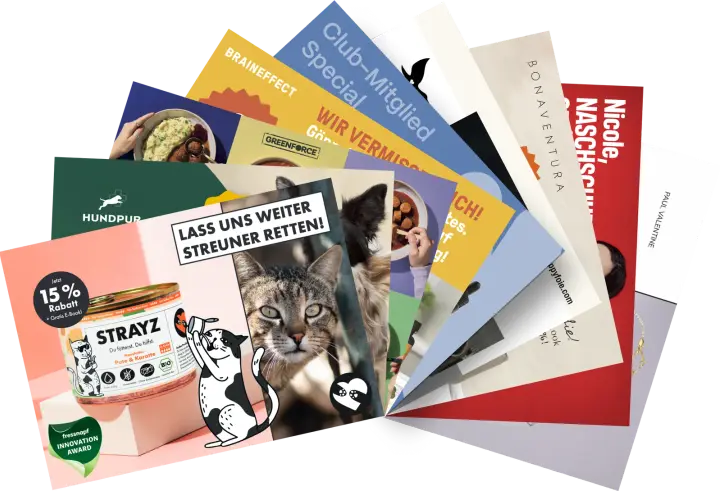 Fan of personalized marketing postcards from DTC brands including STRAYZ, HUNDPUR, BRAINEFFECT, GREENFORCE, BONAVENTURA and Paul Valentine, printed and shipped with PostPal for winback and direct mail campaigns