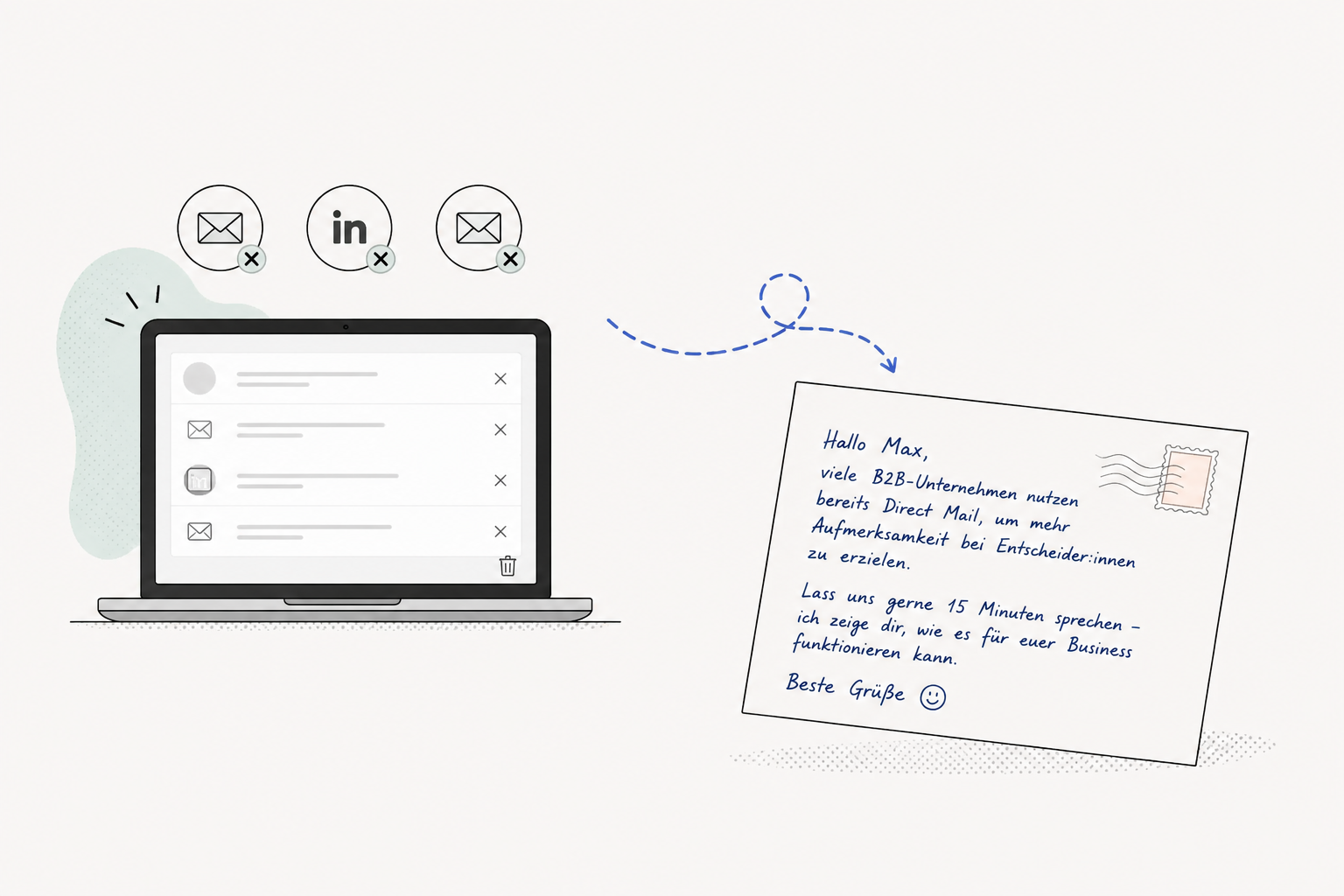 Illustration, wie digitale Ansprache in einen persönlichen Direct-Mail-Brief übergeht