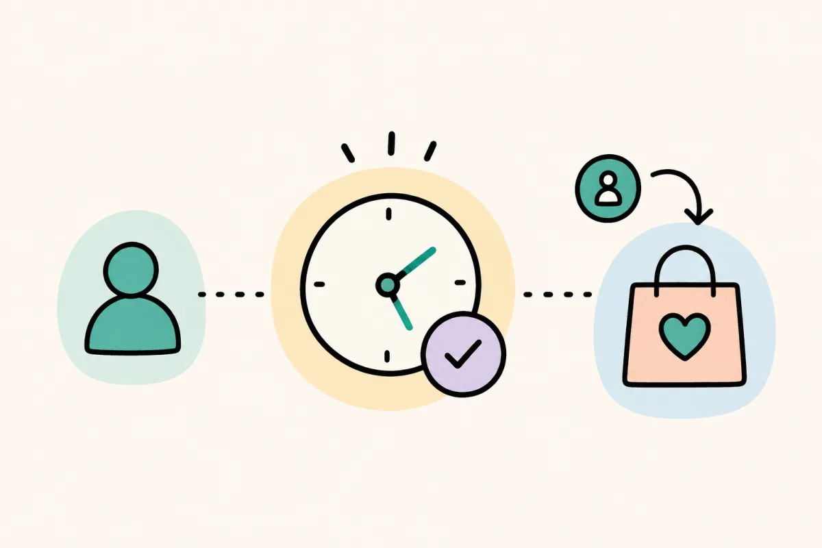 Illustration zum richtigen Zeitpunkt einer Wiederkäuferkampagne: vom Erstkäufer über das optimale Timing zum erneuten Kauf