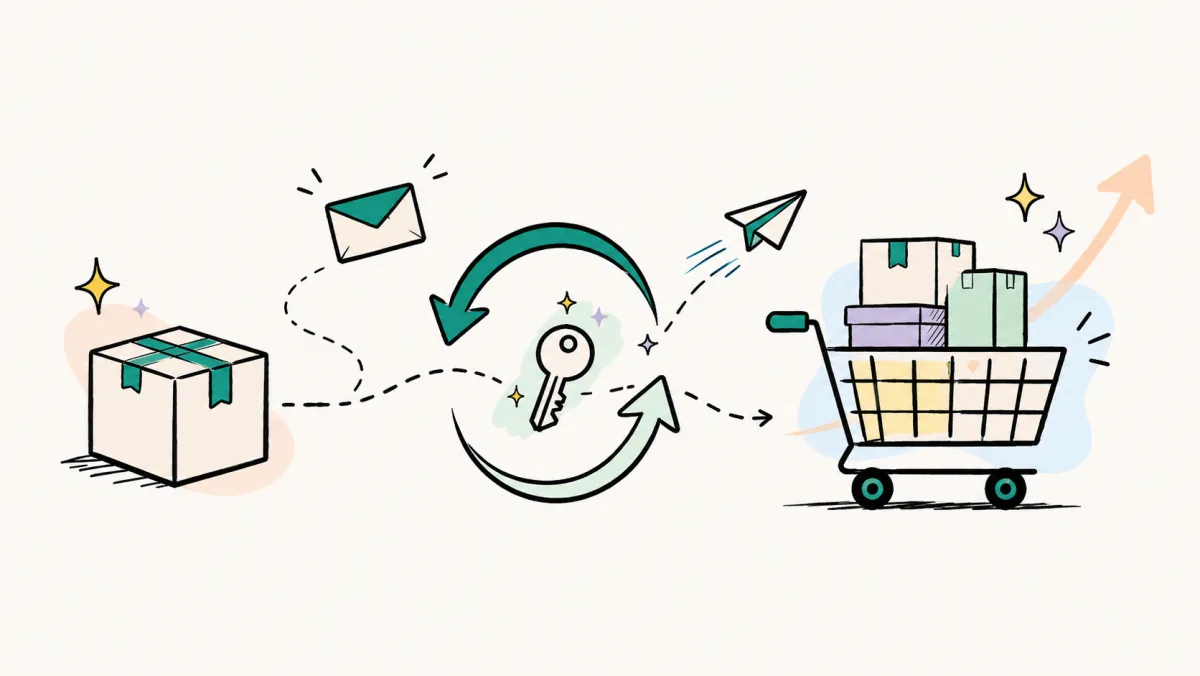 Illustration einer Zweitkäuferkampagne: vom Erstkauf über E-Mail und Postkarte zum profitablen Wiederkauf mit wachsendem Warenkorb