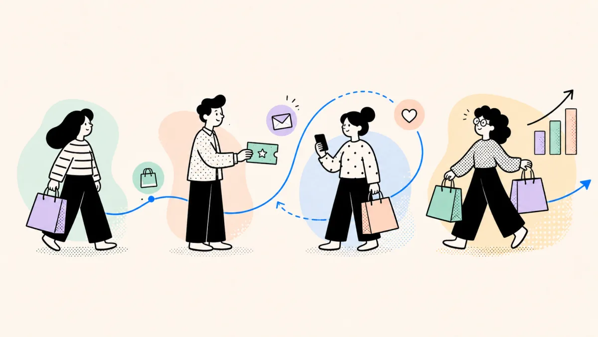 Illustration einer Zweitkäuferkampagne: vom Erstkauf über Gutschein und E-Mail zu wiederkehrenden Käufen und mehr Umsatz