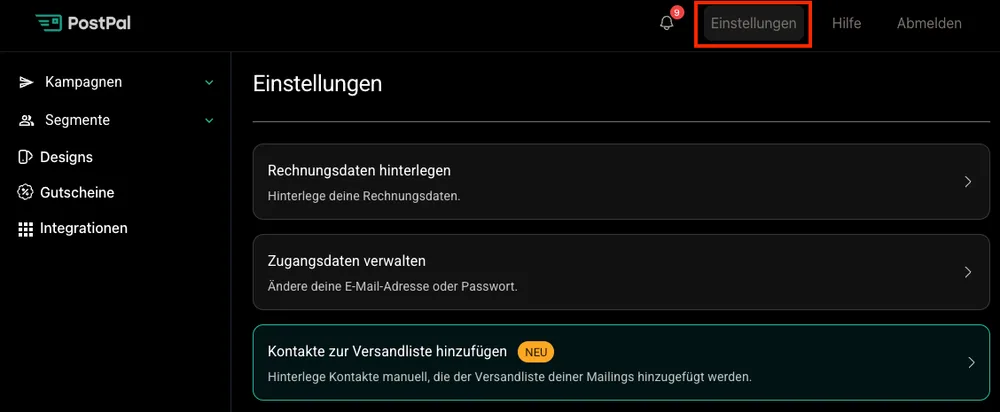 PostPal-Einstellungen: eigene Kontakte zur Versandliste hinzufügen