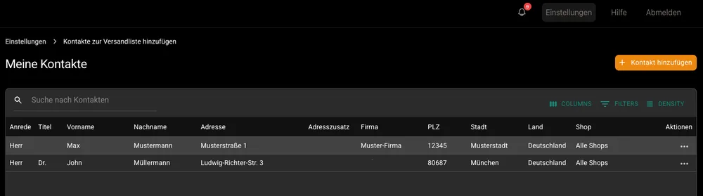 Versandliste in PostPal mit hinzugefügtem Kontakt