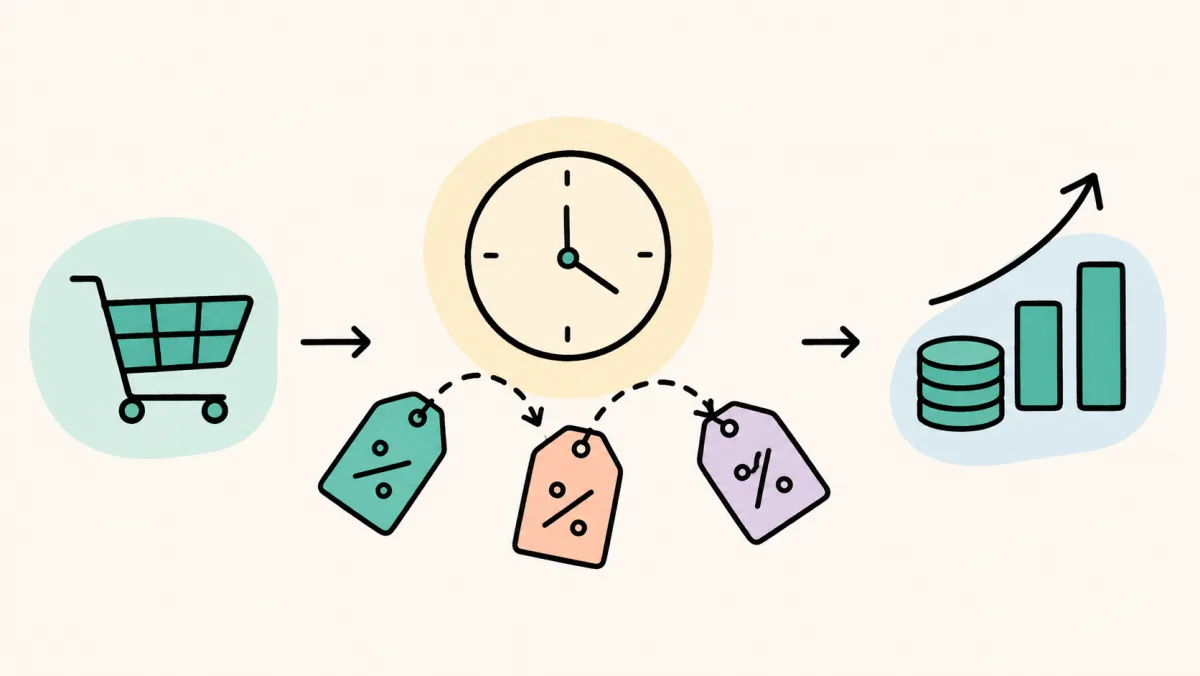 Illustration einer zeitbasierten Rabattstaffel im E-Commerce: vom Kauf über zeitlich gestaffelte Rabatte zu mehr Deckungsbeitrag